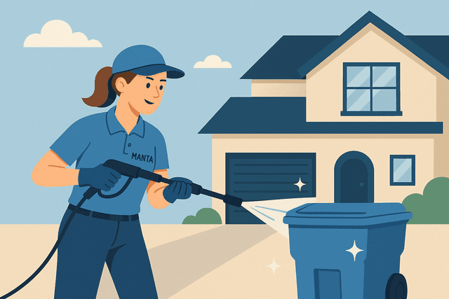 Manta worker pressure washing a bin