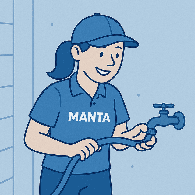 Manta worker connecting hose to outdoor spigot